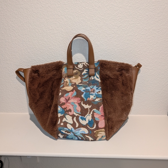 Anthropologie Brown Tote with Floral Tapestry Panel - Picture 5 of 7